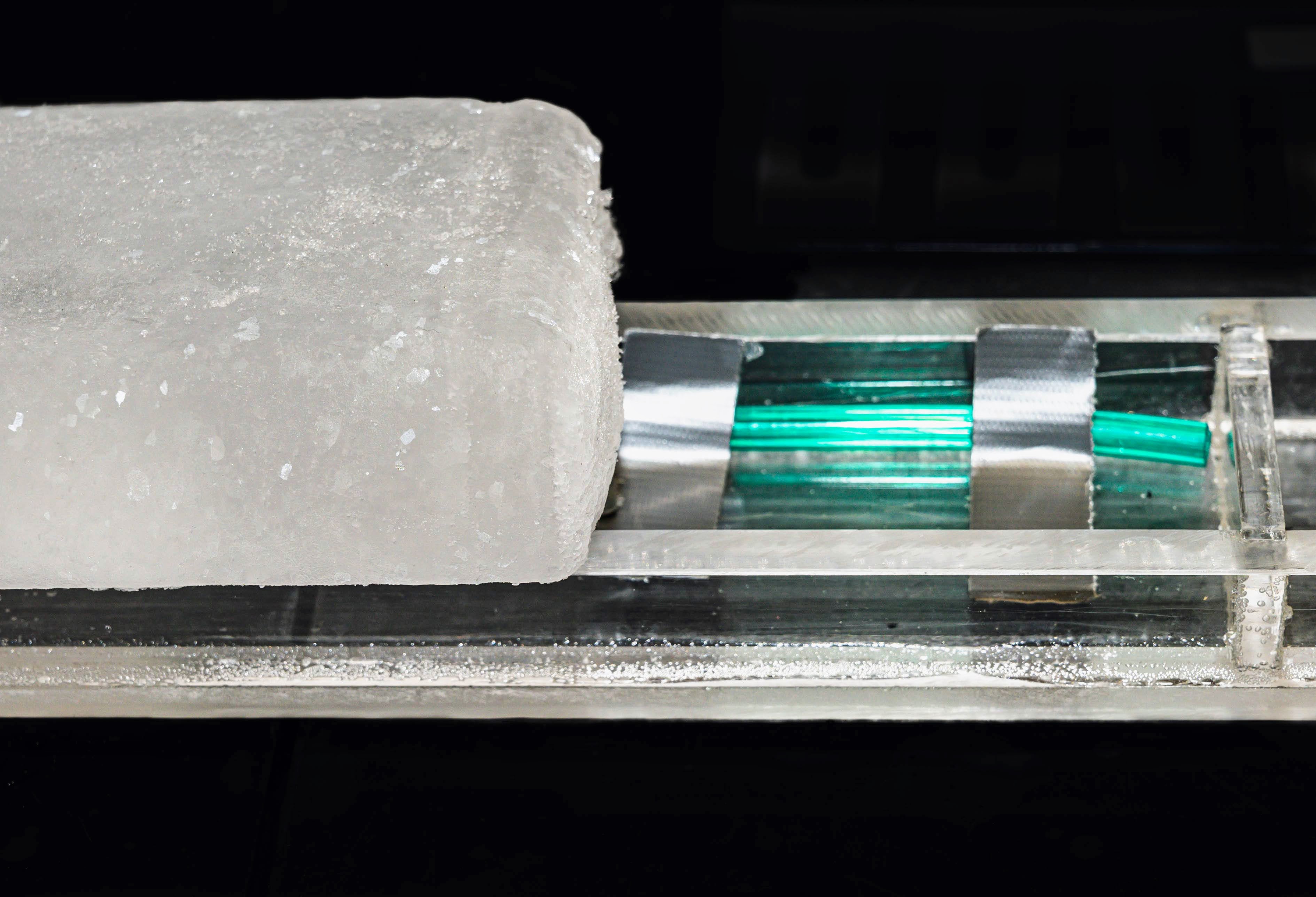 A piece of the Denali ice core, being prepared for analysis